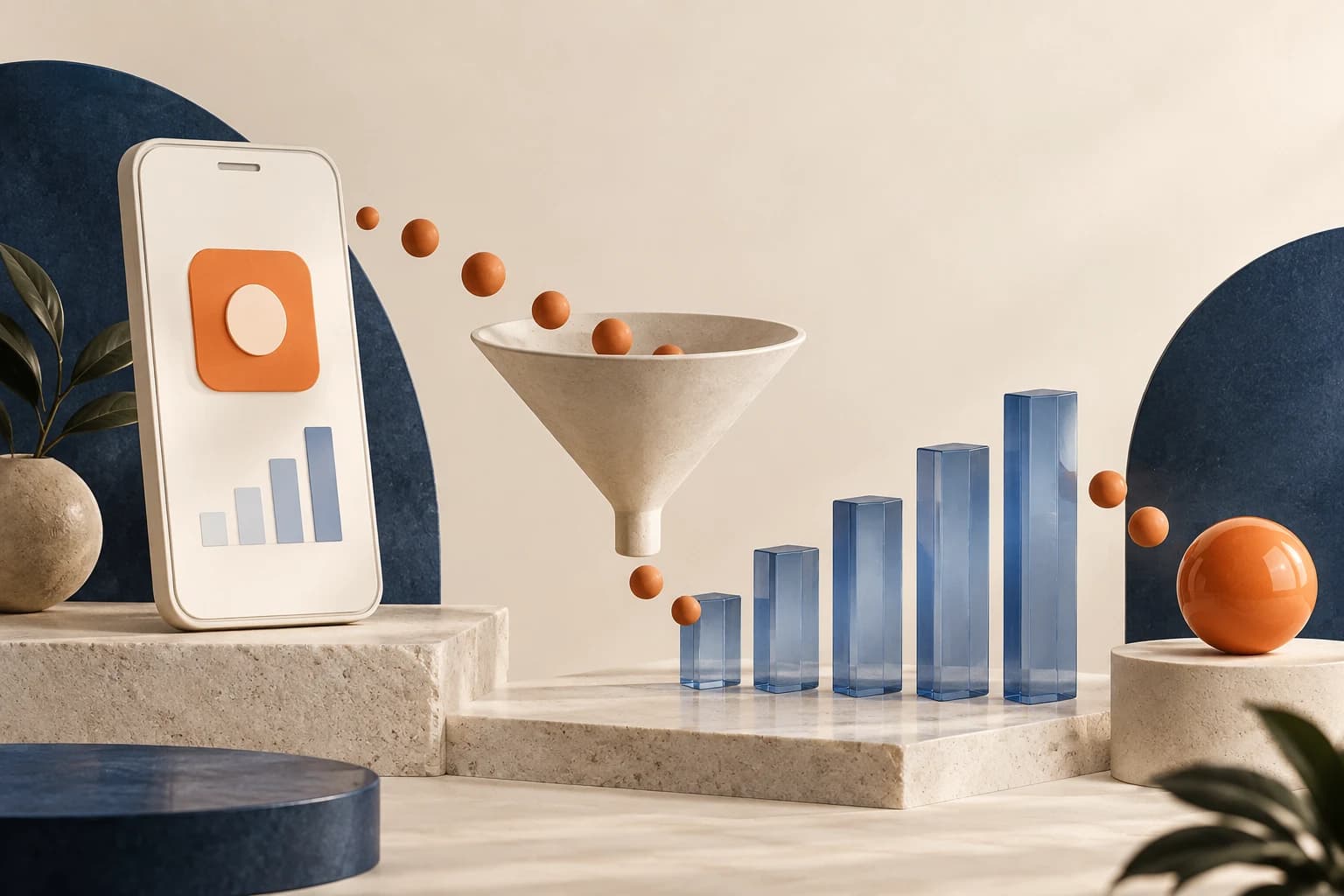 Conceptual illustration of a mobile app, acquisition funnel and growth columns in navy and orange.