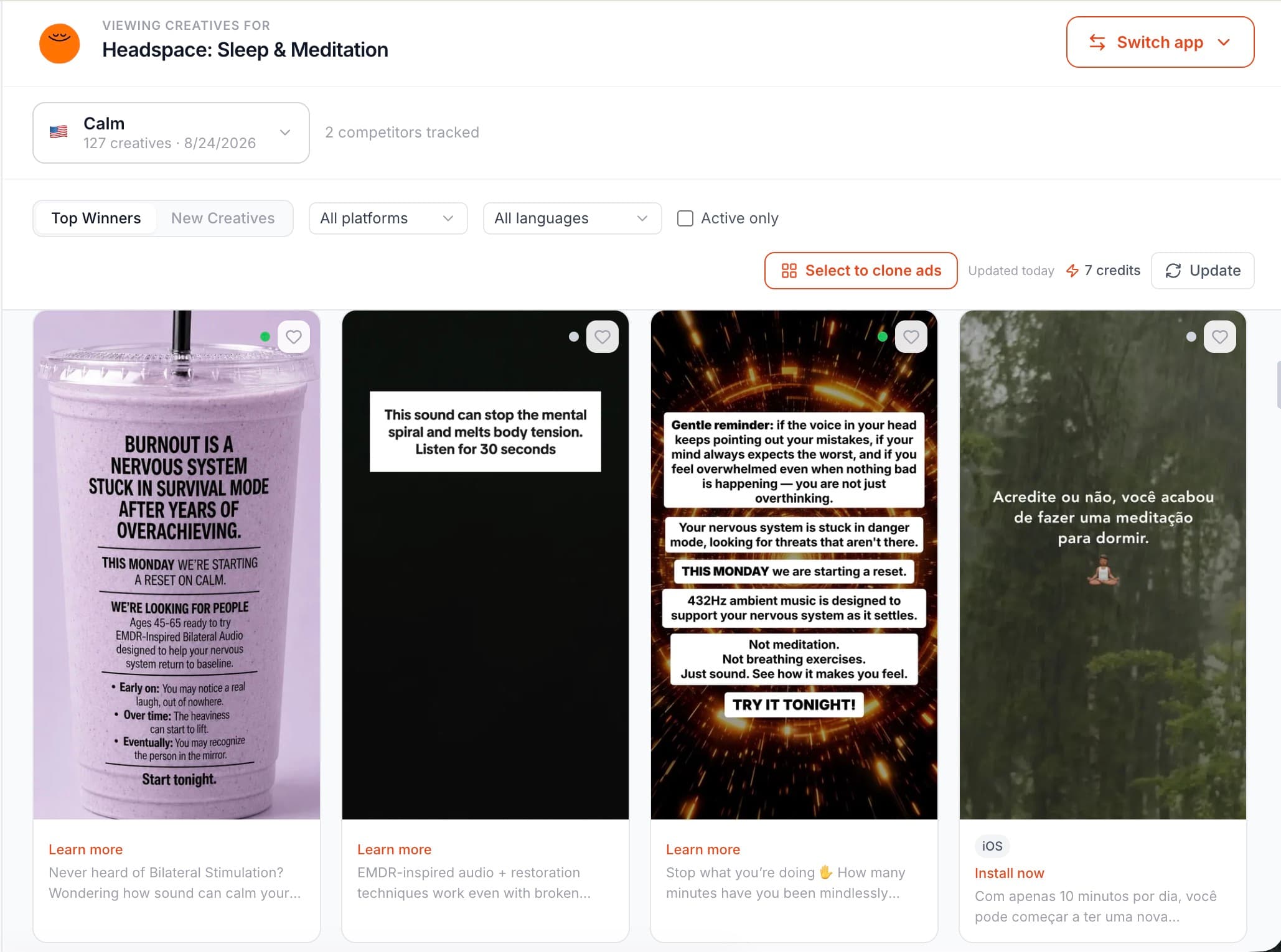 Pantheon competitor creative library with ad previews and creative filters