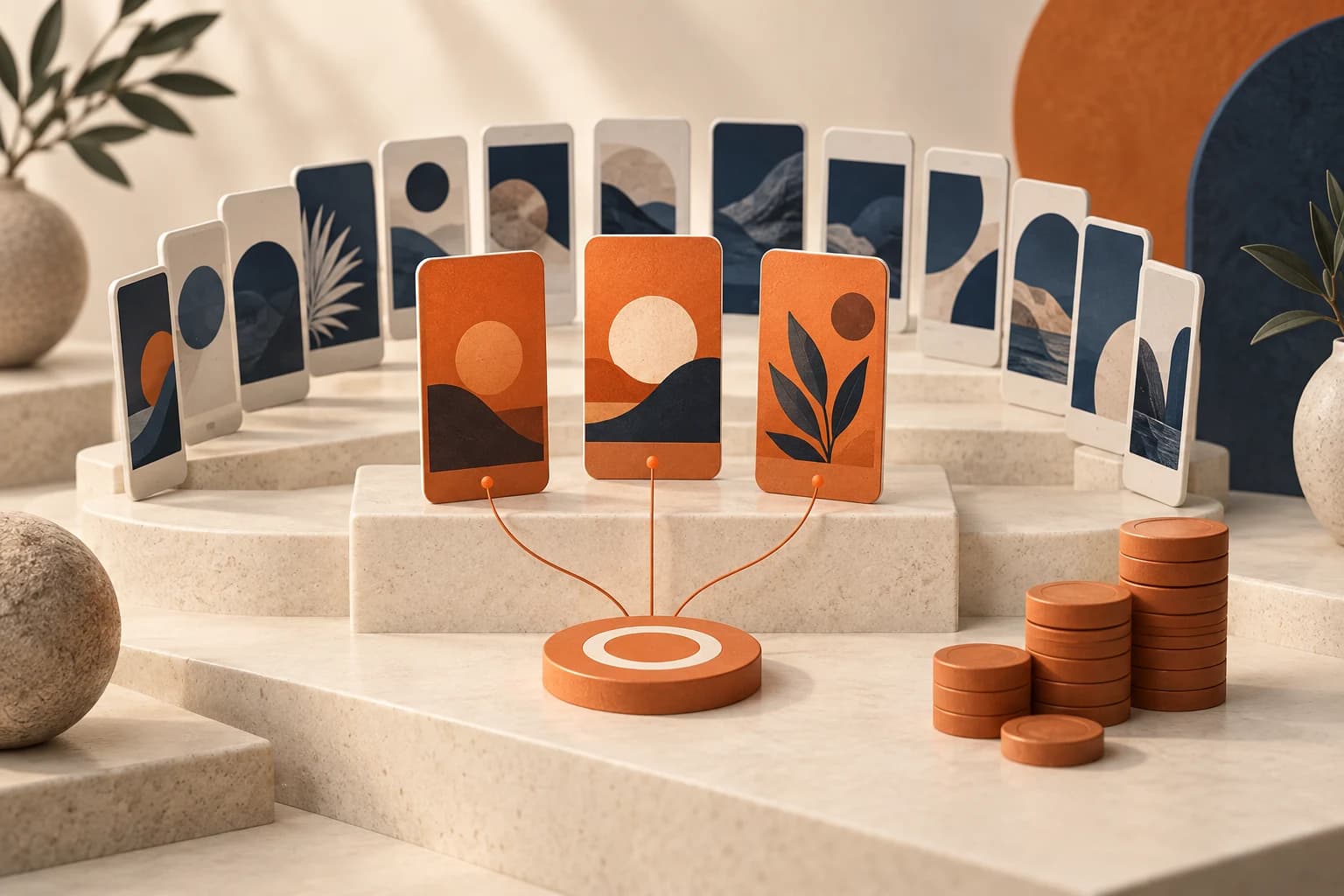 Conceptual illustration of advertising variants, selected creatives and budget tokens in navy and orange.
