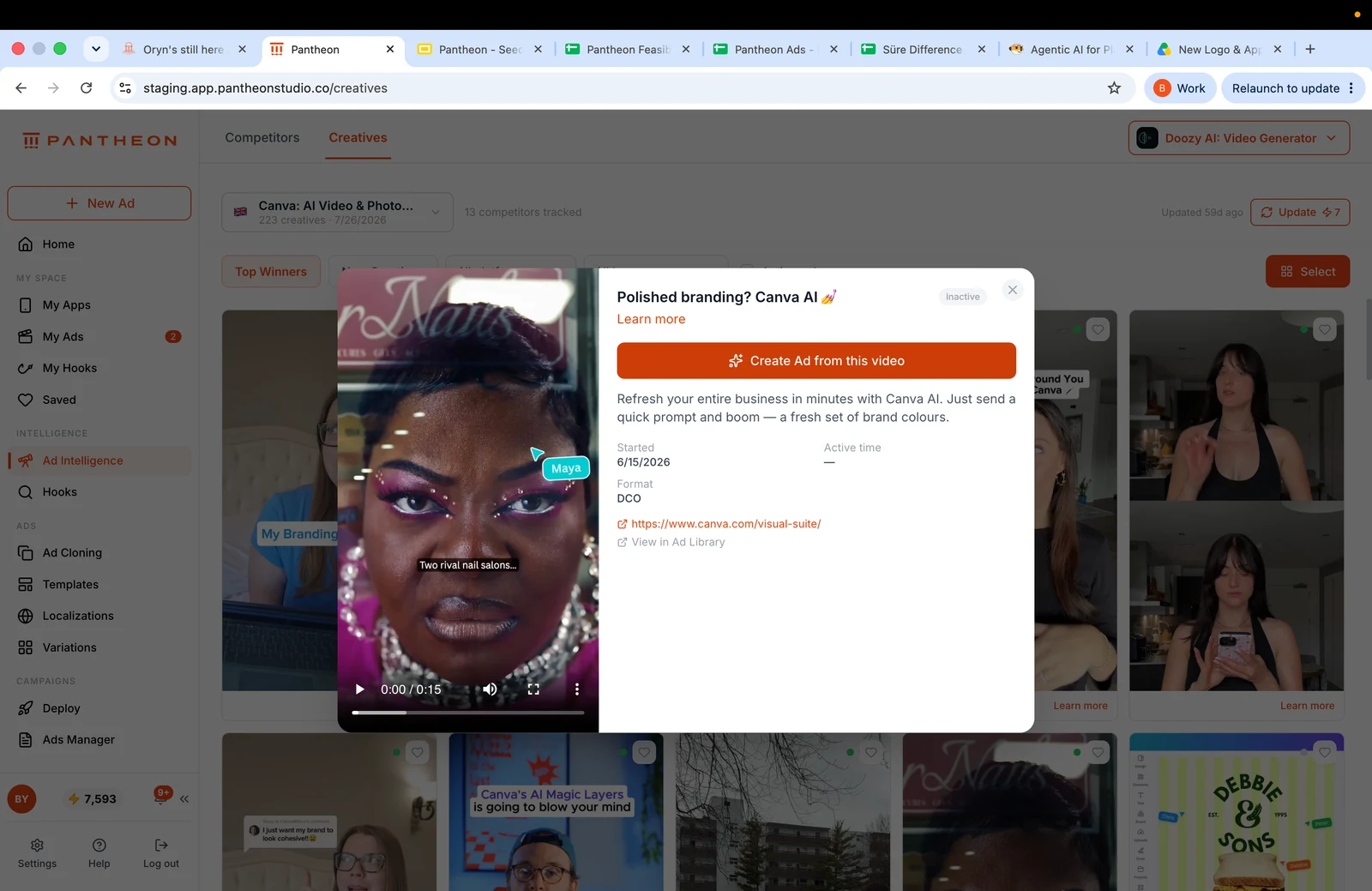 A Canva reference ad opened in Pantheon Ad Intelligence, with the Create Ad from this video action.