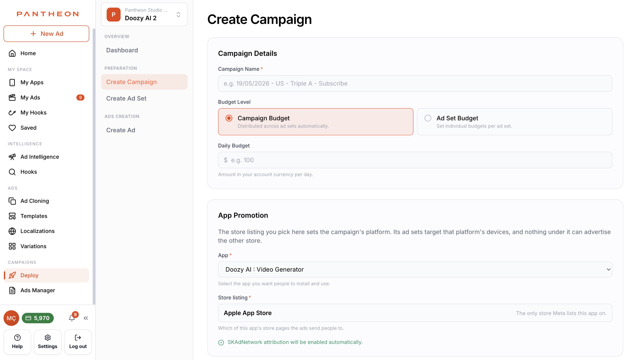 Campaign setup in Pantheon’s Meta deployment flow